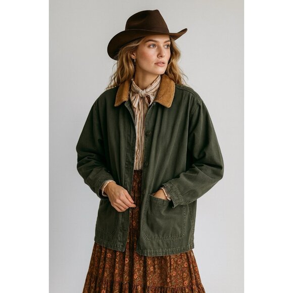 vintage 90s Y2K EDDIE BAUER chore coat barn jacket plaid lined western green M - Picture 1 of 13